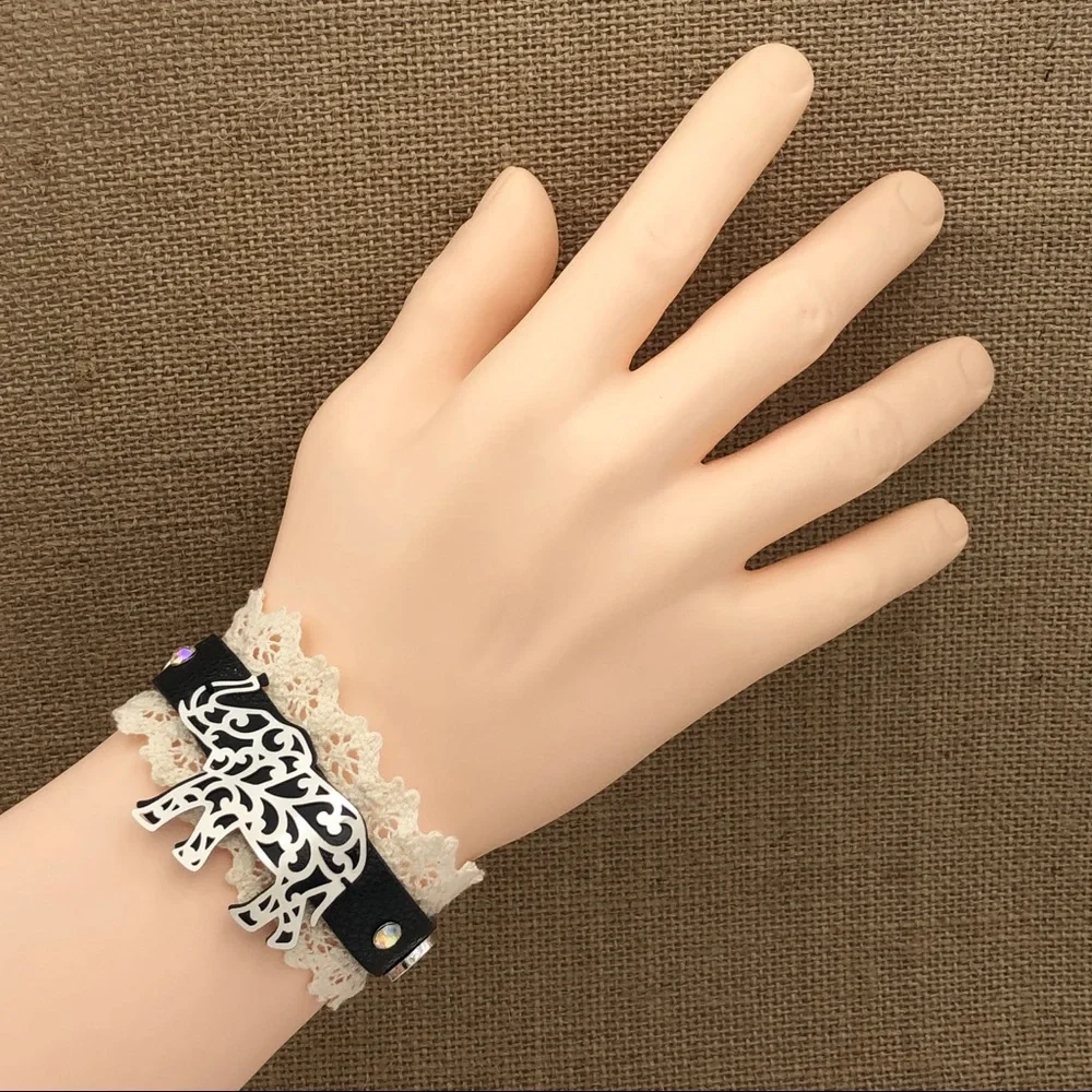 🌼 Leather & Lace Elephant Houndstooth Buttons Wrap Snap Bracelet